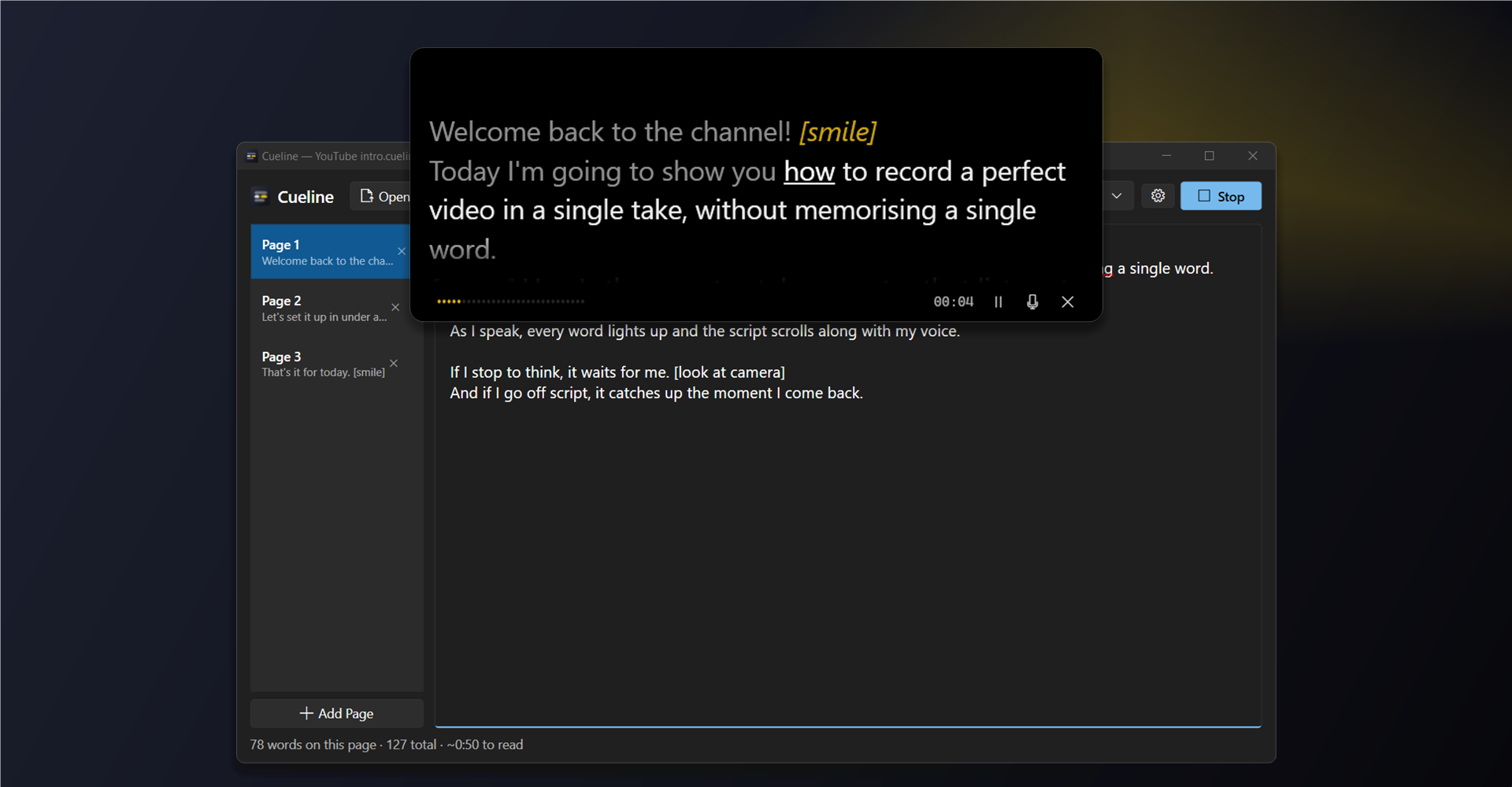 Cueline highlighting the words of a script under the webcam while the user speaks