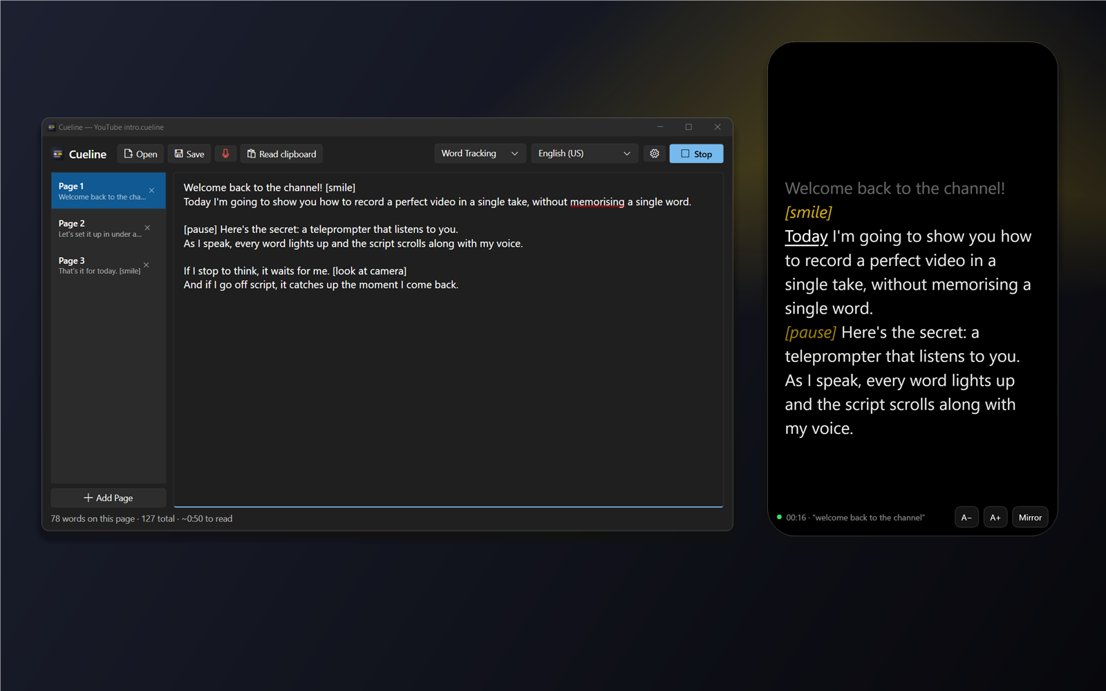 Cueline on a PC next to the same script on a phone